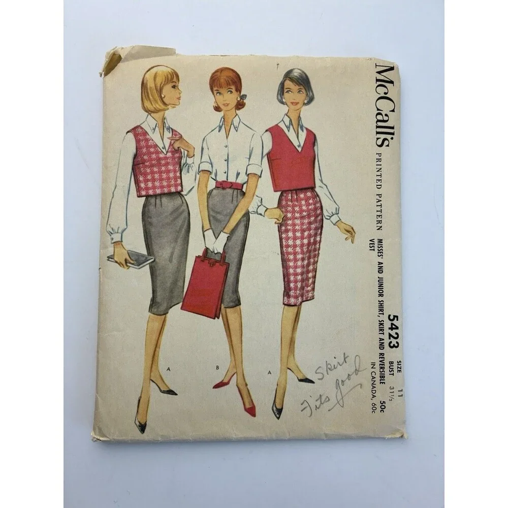 Shirt Vest Skirt 3-Gore V-neck Uncut Pattern 5423 Vtg 60s Junior Teen Size 11